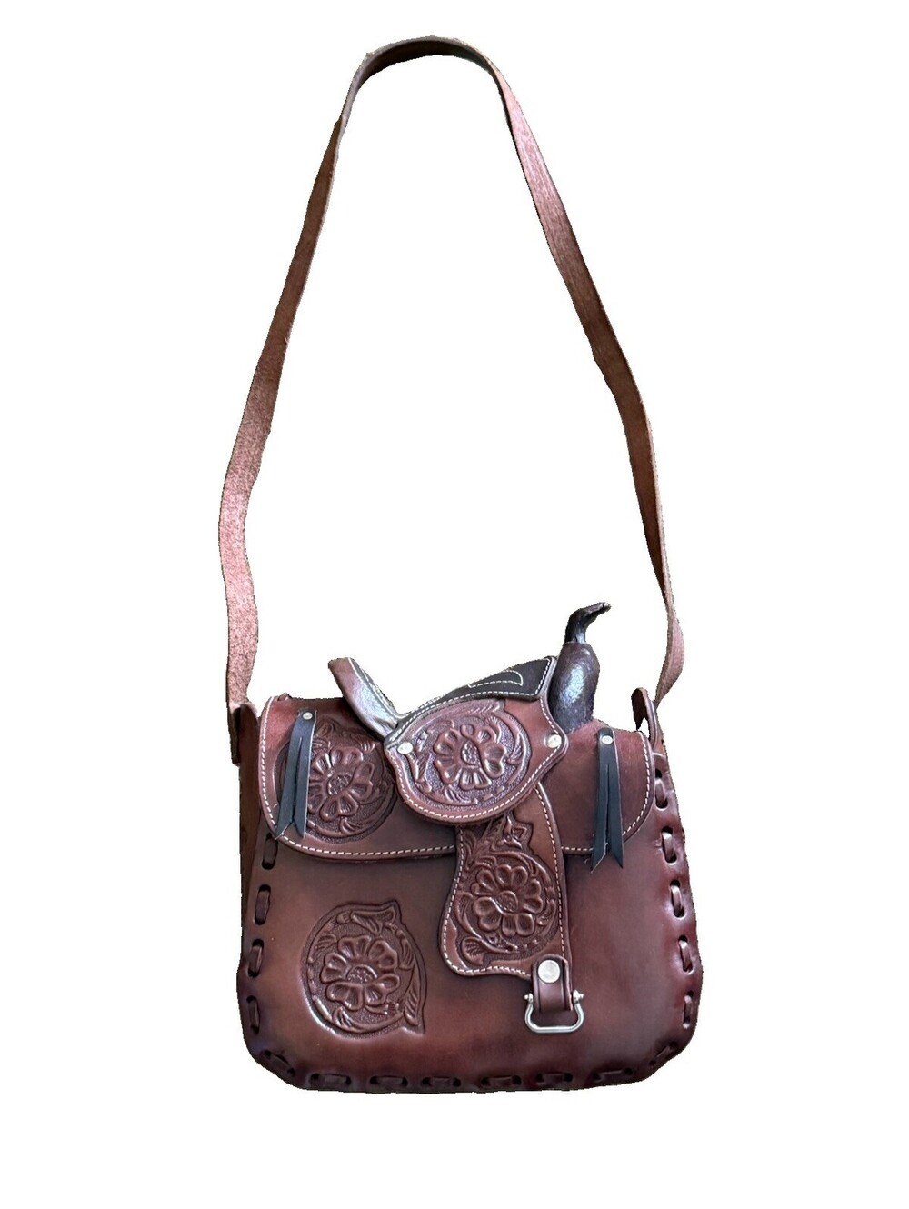 Western Express Genuine Leather Mini Saddle Purse Tooled Floral Brown Mexico